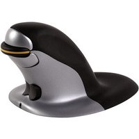 Ergonomic black and silver Fellowes wireless laser mouse with vertical design and thumb rest.