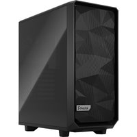 Black Fractal Design Meshify 2 Compact Tower with angular mesh front panel and tempered glass side panel.