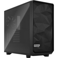 Black Fractal Design Meshify 2 tower case with angular mesh front panel and tempered glass side.