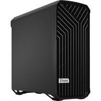 Black Fractal Design Torrent tower case with angular front grill and sleek, minimalist design.