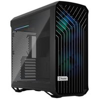 Black Fractal Design Torrent Tower PC case with tempered glass side panel and front RGB lighting, supports multiple motherboard sizes.