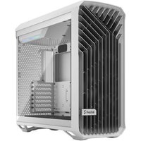 White Fractal Design Torrent Tower PC case with angular front grill, tempered glass side panel, and sleek modern design.