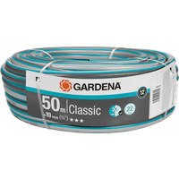 Gardena Classic Hose 19mm 50m, coiled, turquoise with black stripes, Gardena logo on packaging.