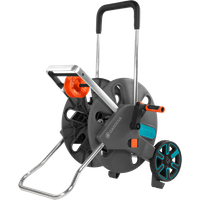 Gardena CleverRoll L Easy hose trolley, grey and orange, with two wheels, foldable handle, and hose guide.