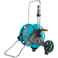 Blue and gray Gardena hose reel on wheels with metal handle and orange accents.