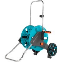 Turquoise Gardena CleverRoll M hose trolley with metal frame, orange handle, and black wheels.