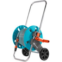 Gardena CleverRoll S Set hose trolley with turquoise reel, silver frame, black wheels, and orange hose connector.
