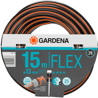 Gardena Comfort FLEX Hose 13mm 15m, black with orange stripes, coiled in packaging with Power Grip label.