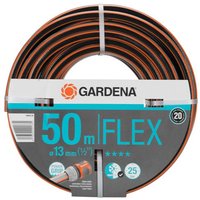 Gardena Comfort FLEX Hose 13mm 50m, black with orange stripes, coiled with branded packaging.