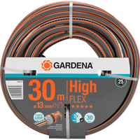 Gardena Comfort HighFLEX Hose 13mm, 30m, black and orange, coiled with packaging displaying brand and specifications.