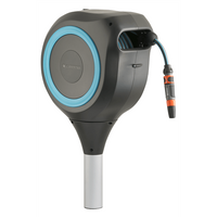 Black and blue Gardena garden hose box with retractable hose and wall mount, featuring a sleek cylindrical design.