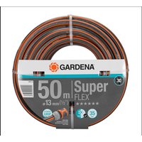 Gardena Premium SuperFLEX Hose 13mm 50m, coiled, orange and grey with black accents, in branded packaging.