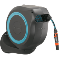 Gray Gardena wall-mounted hose box with blue accents and retractable hose, featuring an orange and gray nozzle.