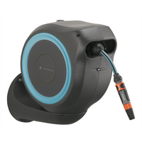 Gardena wall-mounted hose box RollUp S, black with blue accents, retractable hose and orange nozzle.