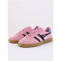 Pink Gola Viper trainers with black stripes, blue heel detail, and gum sole.