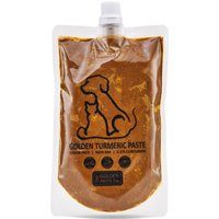 Golden Turmeric Paste for Pets in a clear pouch with a spout, featuring a dog and cat silhouette on the front.