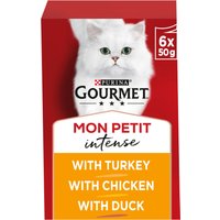 GOURMET Mon Petit cat food box, red with white cat image, includes duck, chicken, turkey flavors, 6x50g packs.