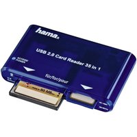 Blue Hama 35 in 1 USB 2.0 card reader with multiple card slots and white text on top.