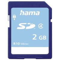 Blue Hama 2 GB SD memory card with white label, lock switch, and speed class 4 icon.