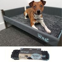 Large gray microfibre noodle pet mat by Henry Wag, textured surface, shown with a small brown and white dog.