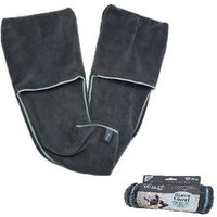 Gray Henry Wag Pet Cleaning Glove Towel with soft microfiber texture and light blue trim, rolled packaging shown.