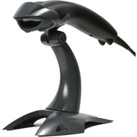 Black Honeywell Voyager 1400g barcode scanner with ergonomic handle and stand, featuring a sleek, curved design.