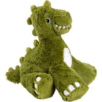 Green plush dinosaur toy with white belly, embroidered eyes, and soft spikes along the back.