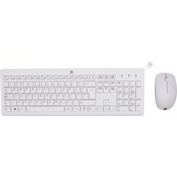 White HP 230 wireless keyboard with numeric keypad and matching mouse, USB receiver included.
