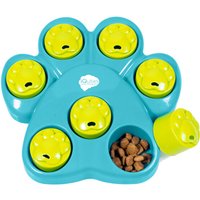 Paw-shaped blue dog toy with six yellow treat compartments, one open showing treats, by Iquties.