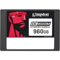 Black Kingston 960G DC600M 2.5” SATA SSD with red logo and white label displaying capacity and model details.