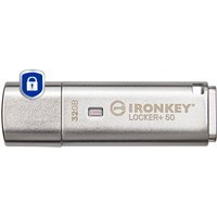 Silver Kingston IronKey 32GB USB flash drive with 256-bit encryption and lock icon.