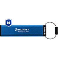 Blue Kingston IronKey 64GB USB drive with keypad, FIPS 140-3 Lvl 3 AES-256 encryption, and keyring loop.
