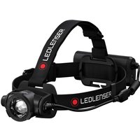 Black LED Lenser H15R CORE head torch with adjustable strap, rechargeable battery pack, and prominent LED lens.