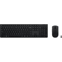 Black Lenovo wireless keyboard and mouse set with USB receiver, full-size keyboard layout, and sleek design.