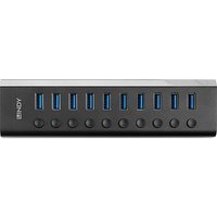 Black Lindy 10 Port USB 3.0 Hub with blue ports and individual on/off switches.