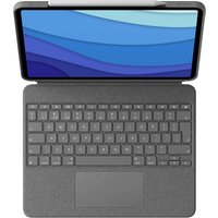 Gray Logitech Combo Touch keyboard case with integrated trackpad, holding a tablet displaying blue wave patterns.