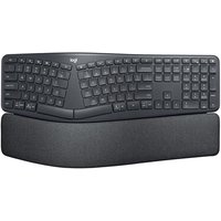 Ergonomic split keyboard, graphite color, wireless, semi-mechanical keys, cushioned palm rest, curved design.