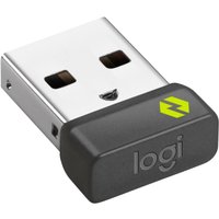 Black and silver Logitech USB receiver with "logi" logo and green arrow symbol on the black cap.
