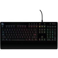 Black Logitech G213 Prodigy gaming keyboard, full-size, wired USB, RGB LED backlit keys, QWERTY layout.