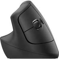 Black Logitech Lift vertical ergonomic mouse with side buttons and scroll wheel, designed for left-handed use.