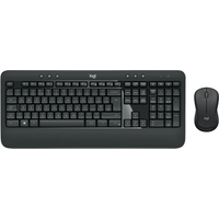 Black Logitech MK540 wireless keyboard with numeric keypad and matching contoured mouse.