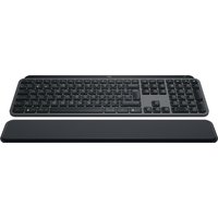 Black Logitech MX Keys S wireless keyboard with backlit keys and detachable wrist rest.