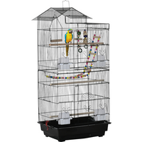 Black metal bird cage with toys, perches, tray, and handle, suitable for budgies and finches.