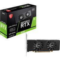 MSI GeForce RTX 3050 graphics card, black, dual fans, low profile, 6GB GDDR6, with packaging showing product details.