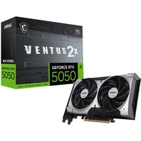 MSI GEFORCE RTX 5050 graphics card with dual fans, black and silver design, 8 GB GDDR6, Ventus 2X OC edition.