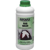 White Nikwax Rugwash bottle with green cap and label, featuring a horse rug graphic.