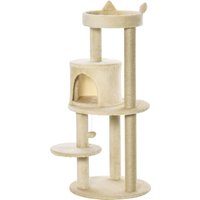 Beige PawHut cat tree tower with sisal-covered posts, cosy perch, and multiple platforms, 48 x 48 x 104cm.