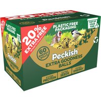 Peckish Extra Goodness Balls box, green with bird images, 60 balls, 20% extra free, plastic-free packaging.