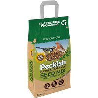 Peckish Natural Balance Seed Mix 3.5kg bag with green top, bird images, and plastic-free packaging label.