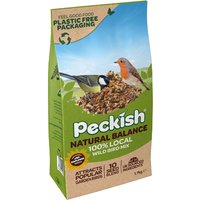 Peckish Natural Balance Seed Mix Box, green and beige packaging with bird images and plastic-free label.